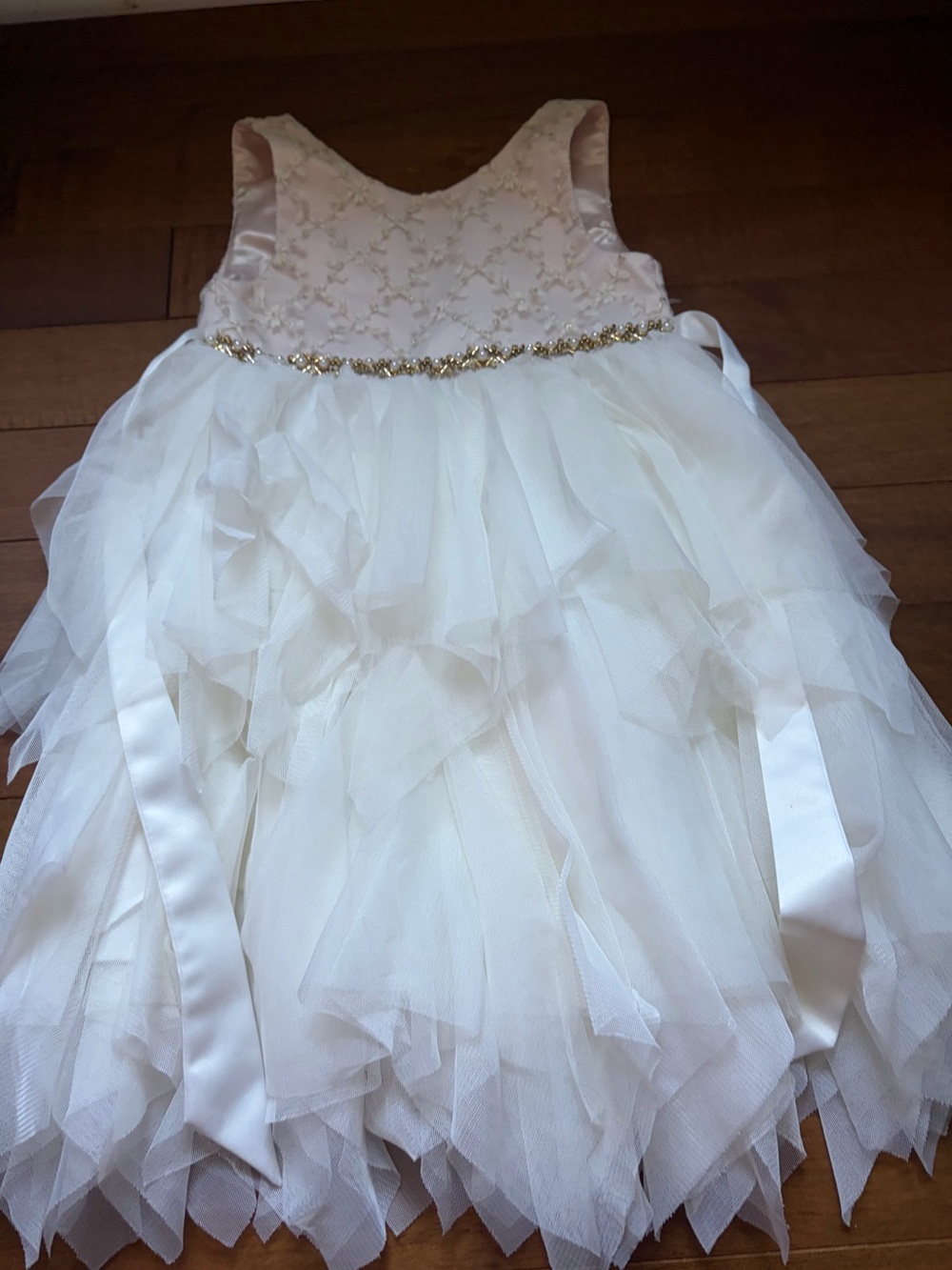 American Princess Ivory Tulle Flower Girl Dress with Gold Waistband
